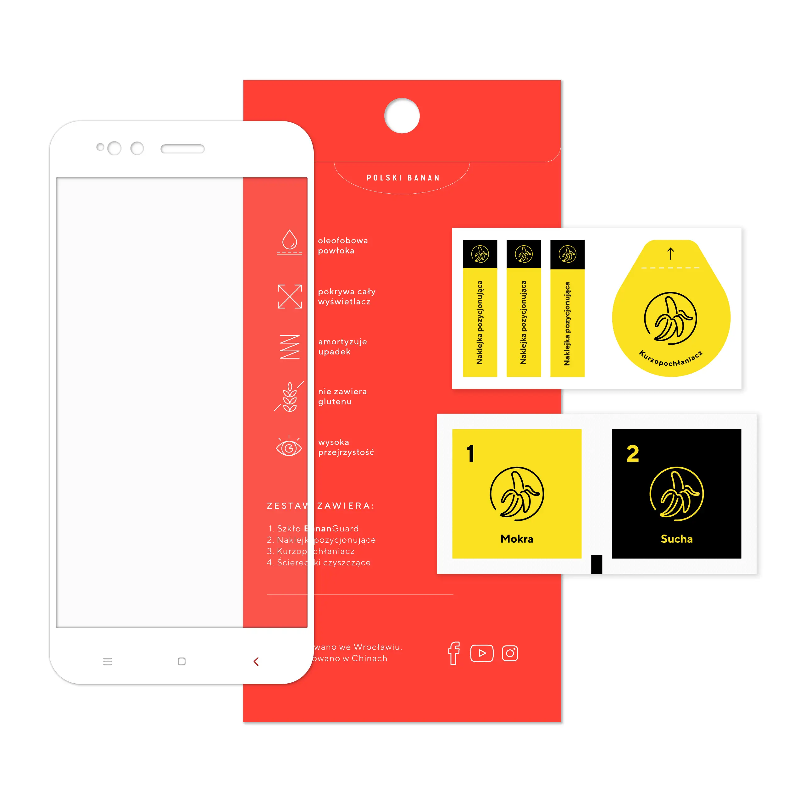 Zawartość zestawu szkła hartowanego 3D Polski Banan BananGuard w kolorze białym do telefonu Xiaomi Mi 5X / Mi A1
